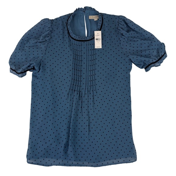 LOFT Tops - LOFT Blouse Womens Small Blue Clip Dot Pintuck Puff Sleeve Velvet Trim 593082